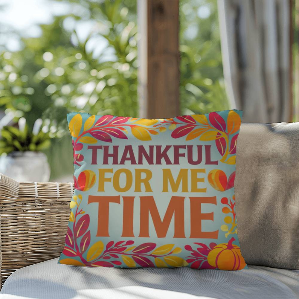 Thankful For Me Time throw pillow with fall mindfulness message and bright cozy home décor