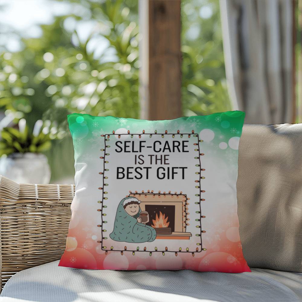 Self-Care is the Best Gift Throw Pillow - Holiday mental health cozy decorative Christmas pillow
