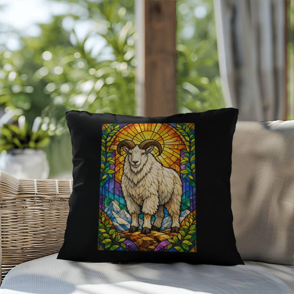 Shop our premium mountain goat stained glass style throw pillow from MySisterIsASurvivor.