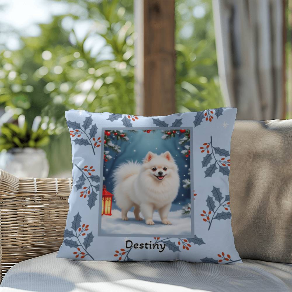 Pomeranian White Pillow - Winter Pomeranian throw pillow, indoor dog accent, cozy home decor