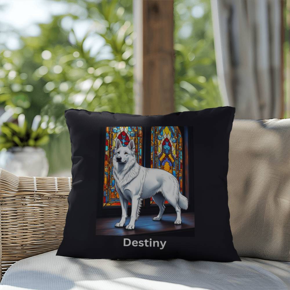 German Shepherd (White) Indoor/Outdoor Pillow - Personalized Stained Glass Dog Tribute & Comfort Gift