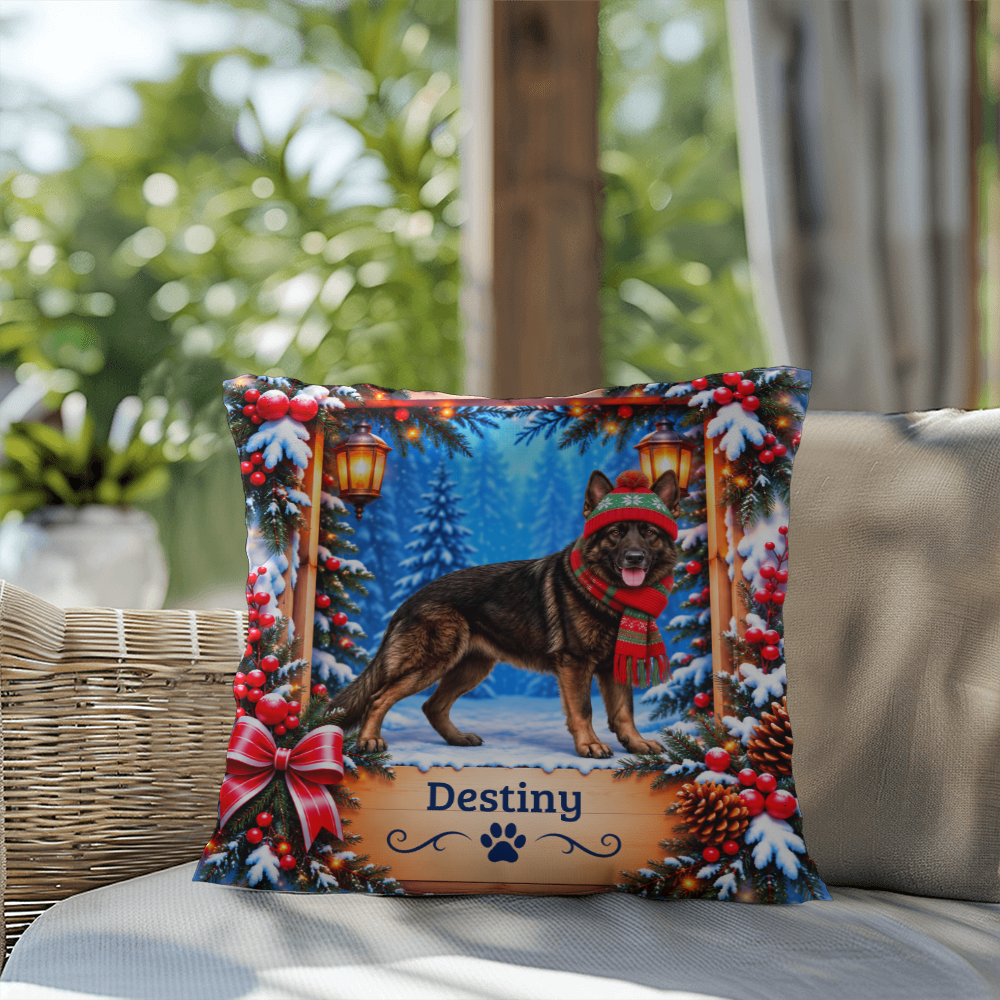 German Shepherd (Dark Sable Coat) - Personalized Woodland Name Pillow, Winter Gift for GSD Owners