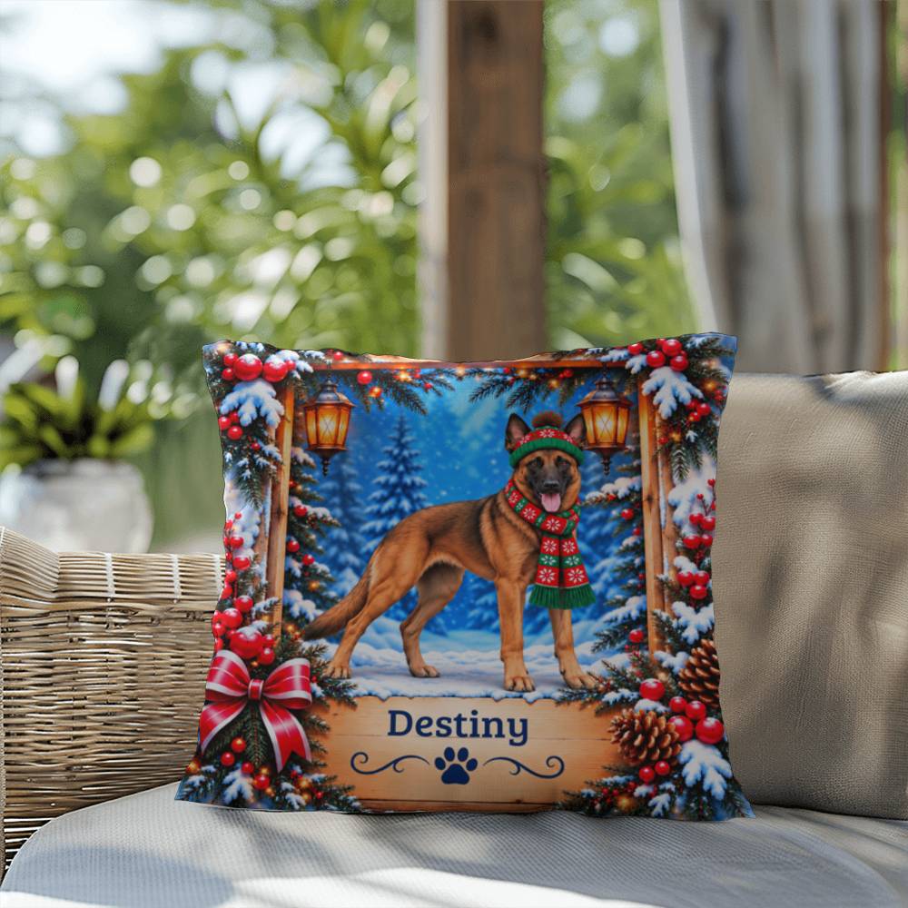 Belgian Malinois (Red Sable Coat) - Personalized Snowy Forest Pillow, Custom Dog Name Winter Gift