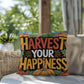 Harvest Your Happiness pillow in autumn hues with mindful Thanksgiving quote and cozy seasonal décor