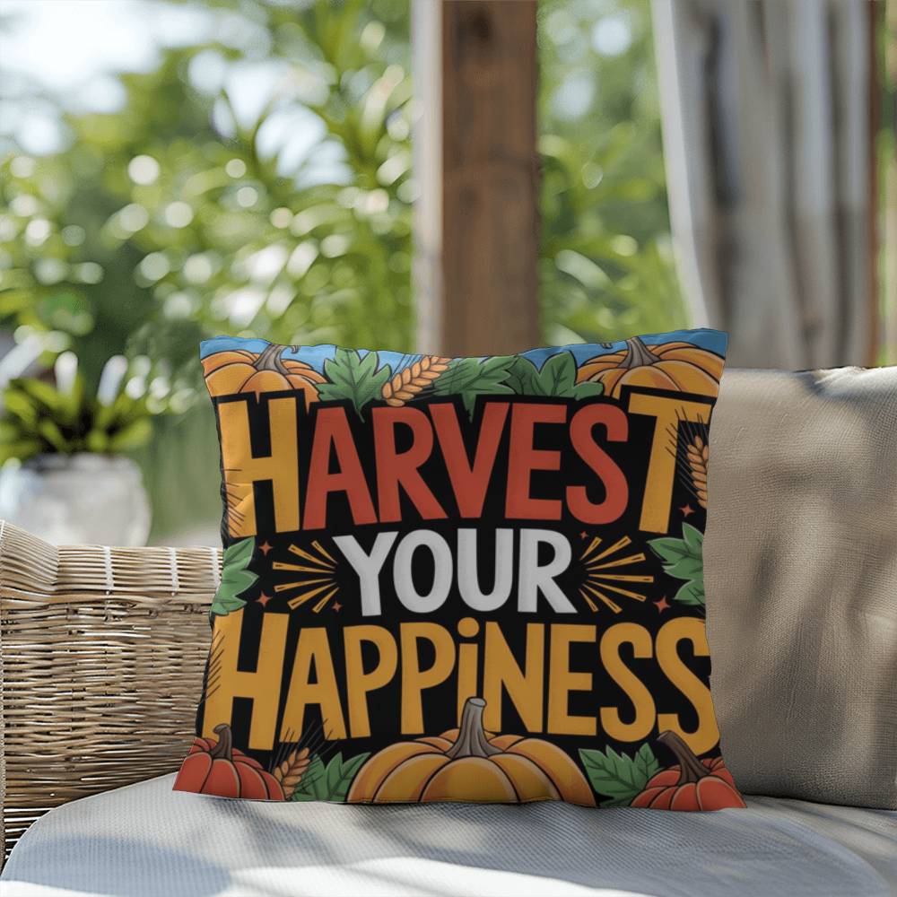 Harvest Your Happiness pillow in autumn hues with mindful Thanksgiving quote and cozy seasonal décor