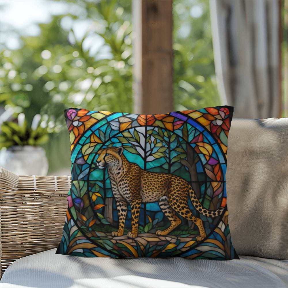 Cheetah stained glass throw pillow, indoor outdoor animal print decor, safari home accent cushion