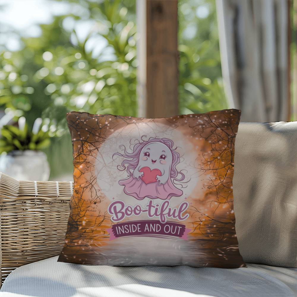 Halloween indoor/outdoor pillow with a cute ghost and “Boo-tiful” for mental health and seasonal charm