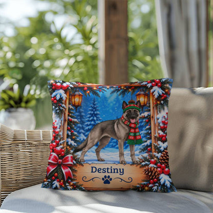 Belgian Malinois (Gray Sable Coat) - Personalized Winter Forest Pillow, Custom Dog Name Gift