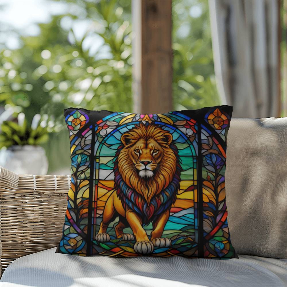 Lion stained glass throw pillow, safari wildlife home decor, indoor outdoor accent cushion