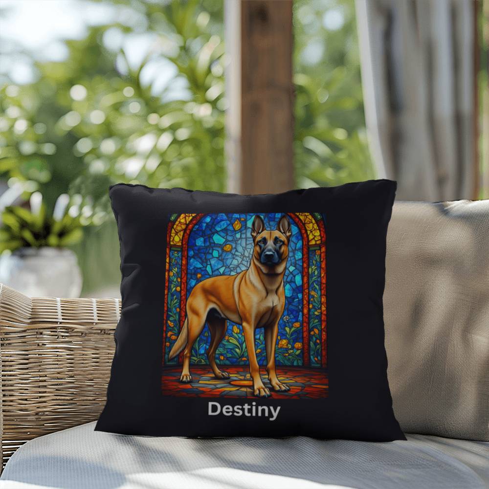 Belgian Malinois (Fawn) Indoor/Outdoor Pillow - Personalized Stained Glass Dog Tribute & Comfort Gift