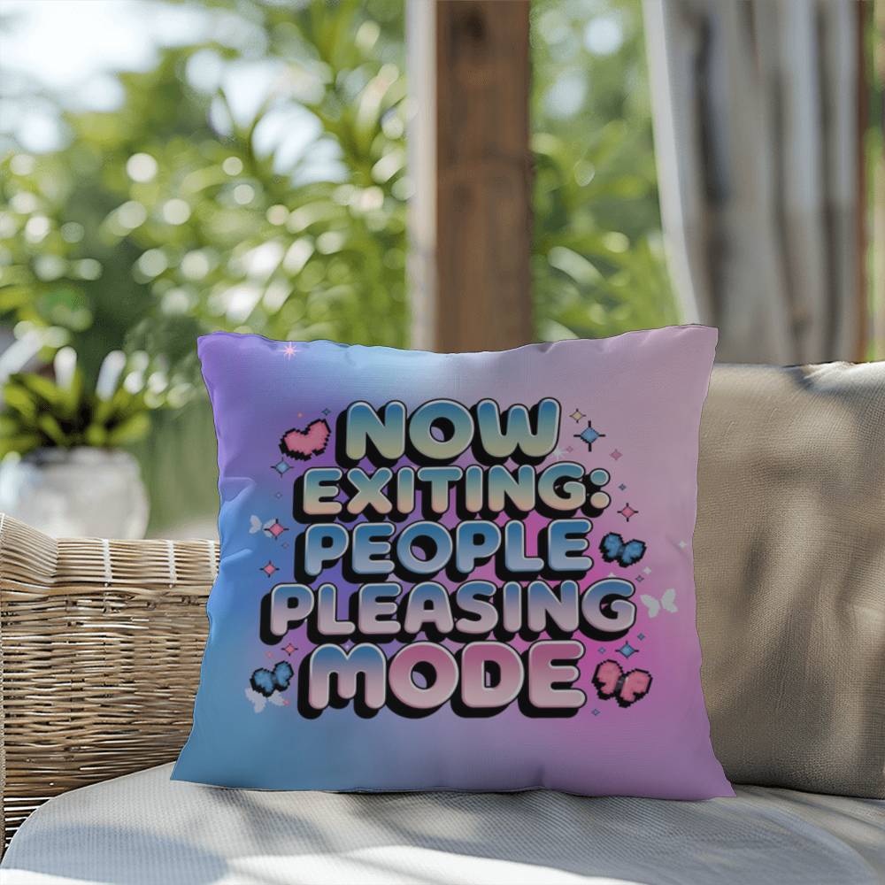 Custom Y2K pillow featuring "Now Exiting: People Pleasing Mode" in retro digital font with sparkles and butterflies on a bright white backdrop