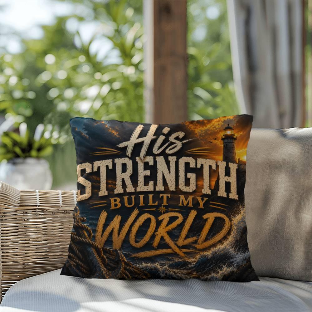 Shop our premium his strength built my world throw pillow from MySisterIsASurvivor.