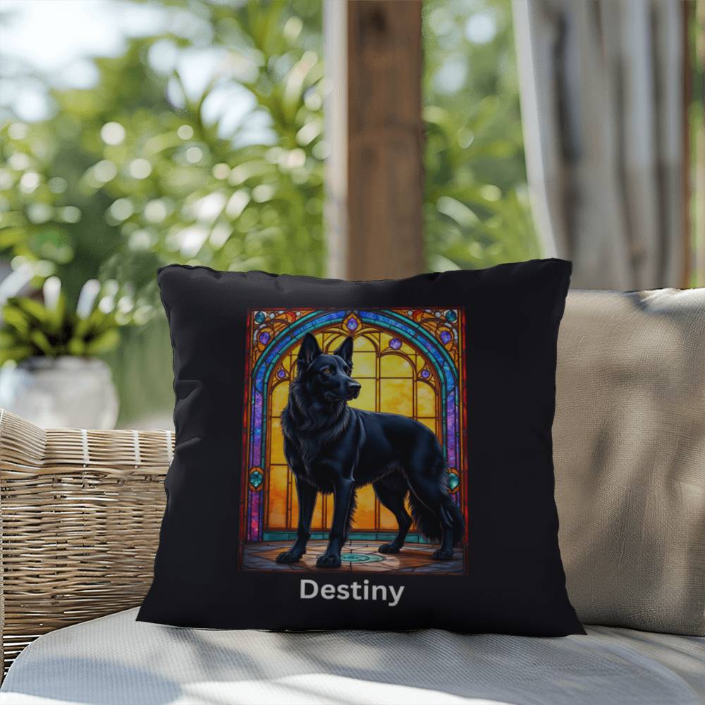 German Shepherd (Black) Indoor/Outdoor Pillow - Personalized Stained Glass Dog Tribute & Comfort Gift