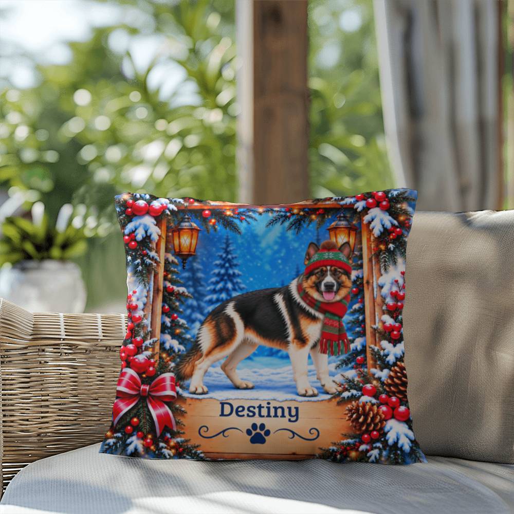 German Shepherd (Panda Piebald) - Personalized Winter Throw Pillow, Custom Name Gift for Dog Lovers