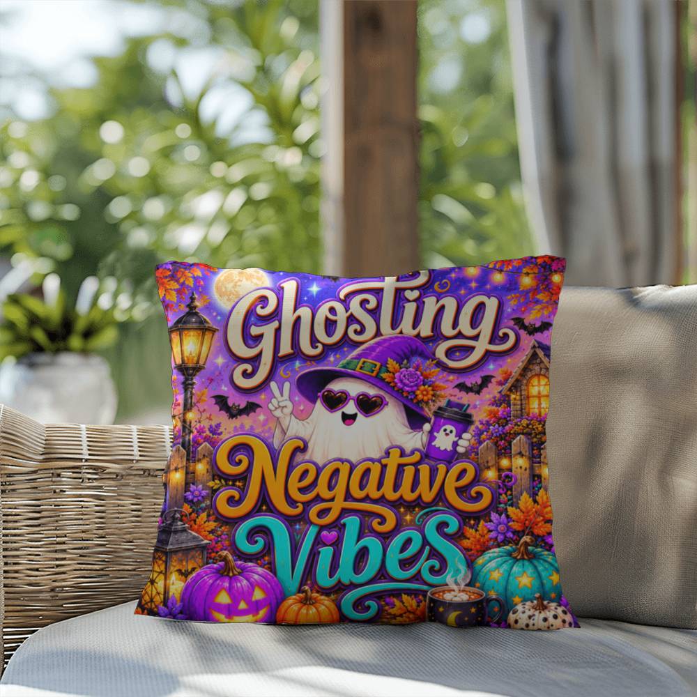 Ghosting Negative Vibes message with peace sign ghost artwork on a positive Halloween throw pillow