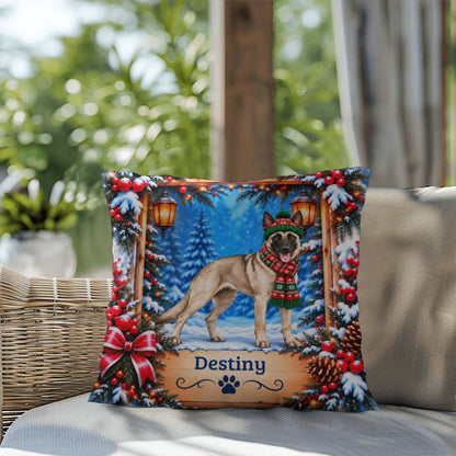 Belgian Malinois (Cream Sable Coat) - Personalized Winter Woodland Pillow, Custom Dog Name Gift