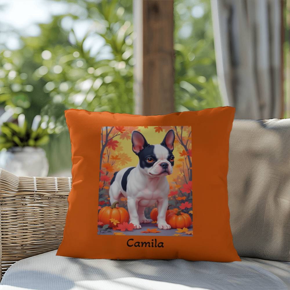 Black Pied French Bulldog pillow, personalized indoor outdoor dog cushion, custom Frenchie decor - MySisterIsASurvivor