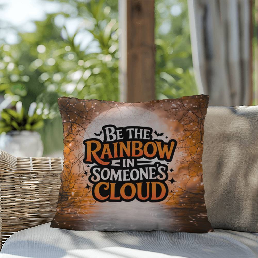 Decorative indoor/outdoor pillow with “Be The Rainbow” affirmation for mental health and cozy fall décor
