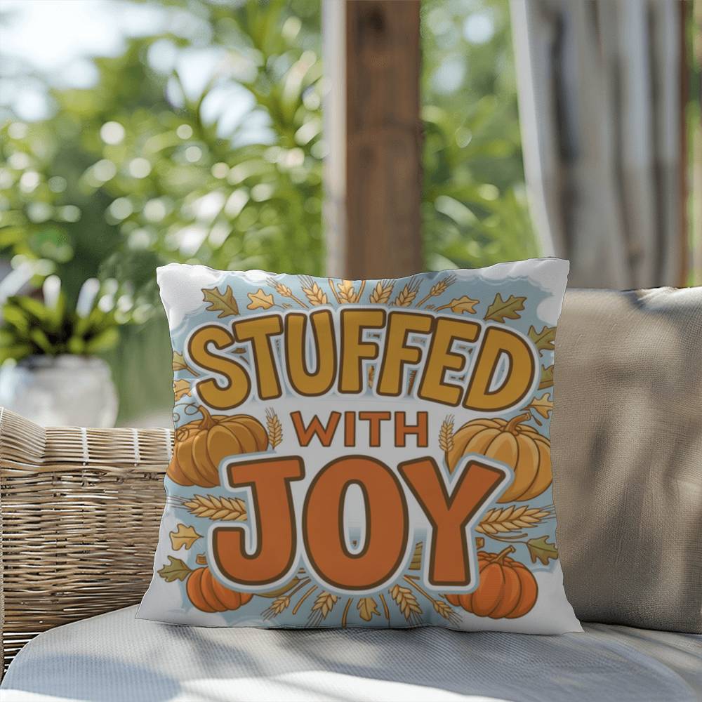 Stuffed With Joy pillow in autumn colors with mindful gratitude quote for cozy Thanksgiving décor