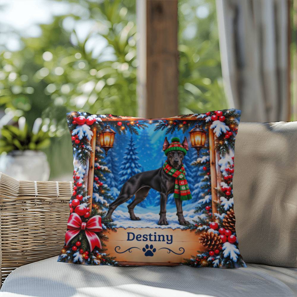 Doberman (Black Coat) - Personalized Snowy Forest Throw Pillow for Doberman Lovers