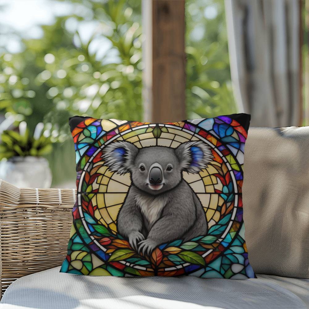Koala stained glass throw pillow, Australian wildlife decor, indoor outdoor home accent