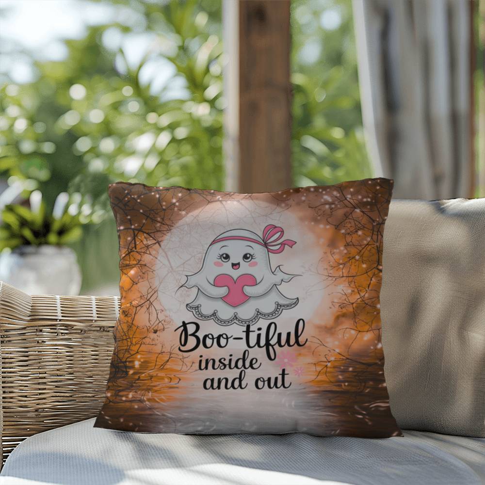 Indoor/outdoor Halloween pillow with “Boo-tiful Inside & Out” promoting positivity and self-love