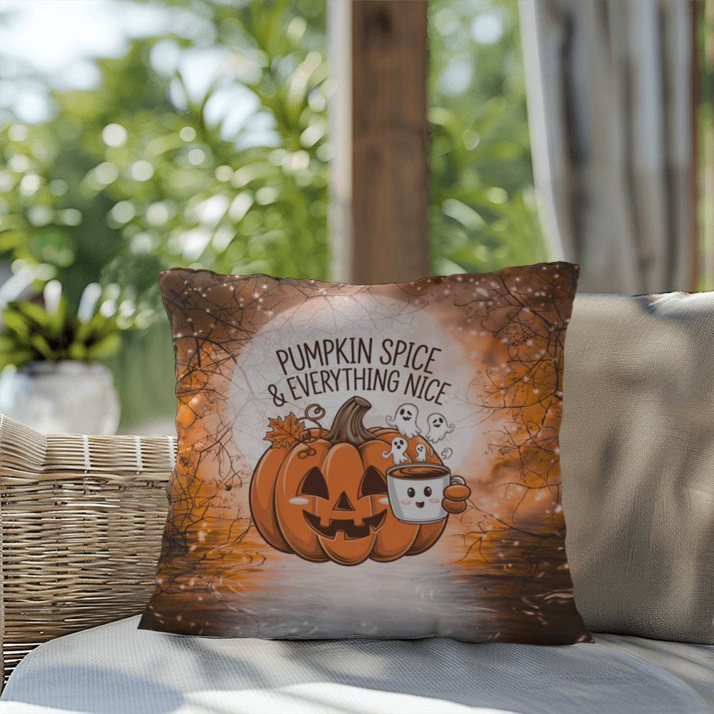 Halloween indoor/outdoor throw pillow with pumpkin spice theme for cozy fall décor