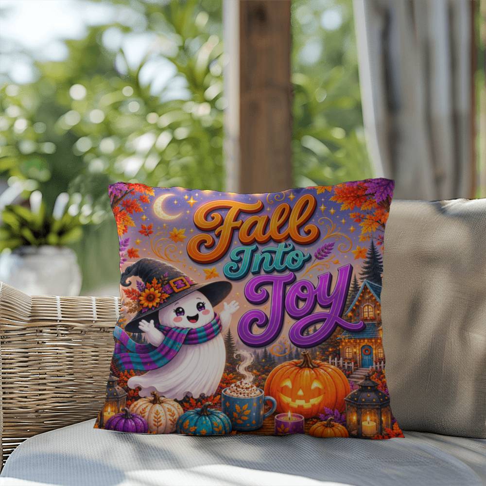 Fall Into Joy Halloween Throw Pillow - Cute Witch Ghost Pumpkin Spice Pillow