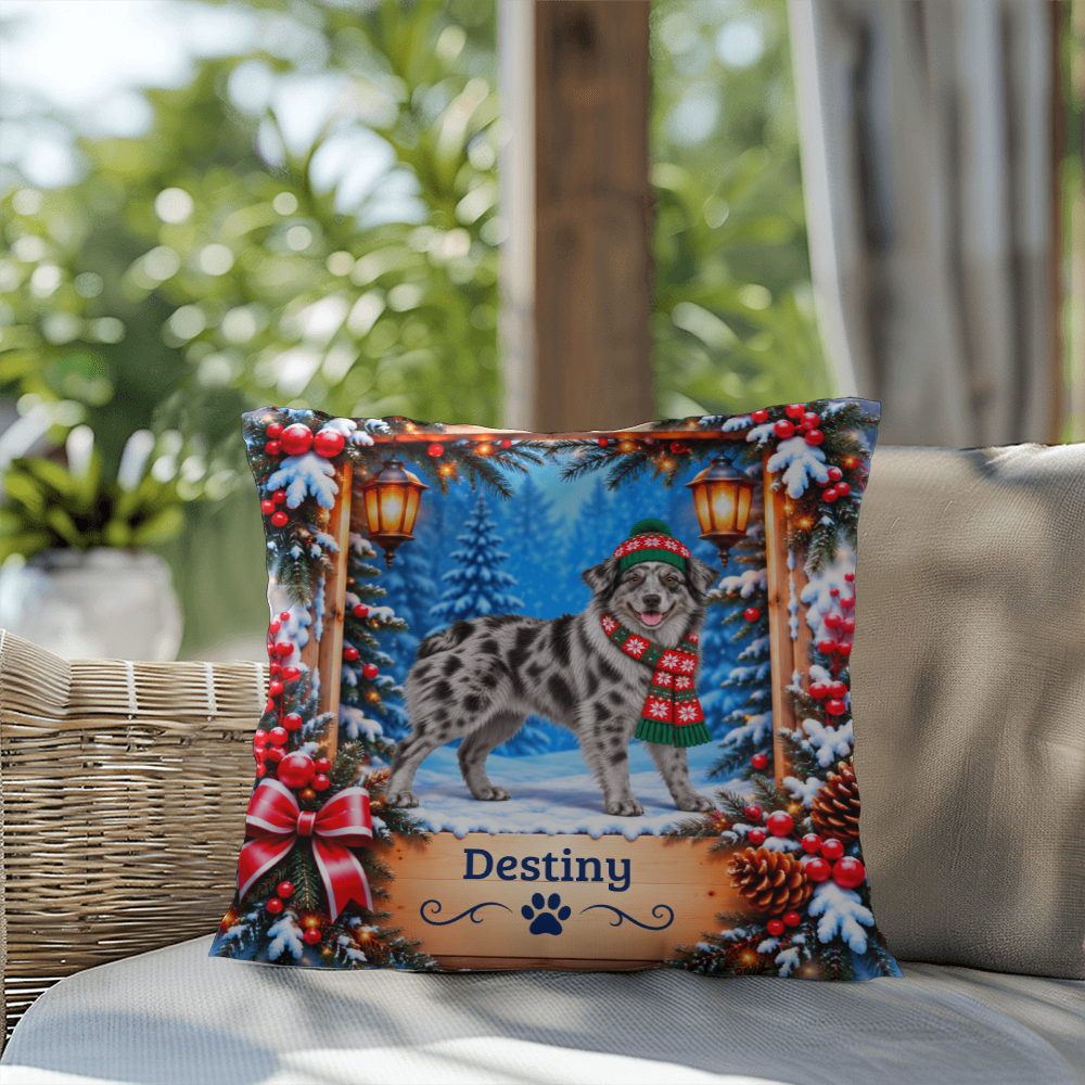Australian Shepherd (Solid Blue Merle, Amber Eyes) - Personalized Name Pillow, Winter Woodland Decor
