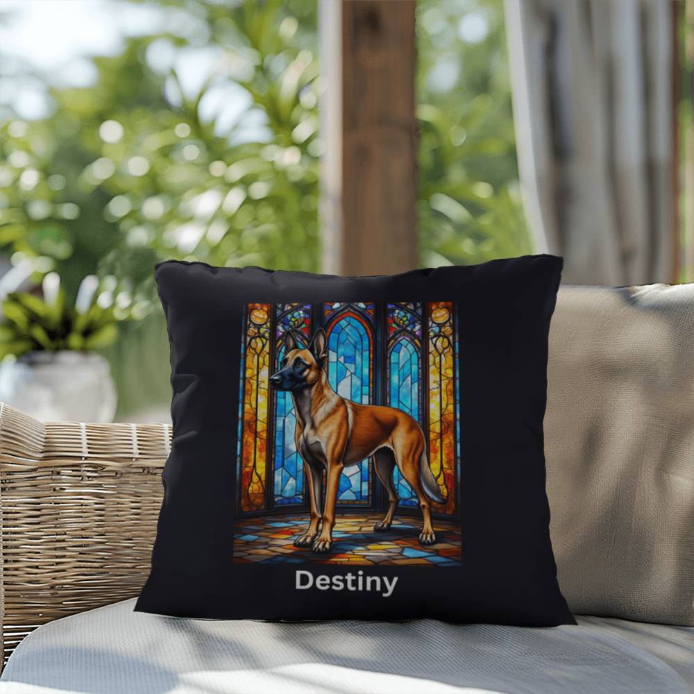 Belgian Malinois (Mahogany) Indoor/Outdoor Pillow - Personalized Stained Glass Dog Tribute & Comfort Gift