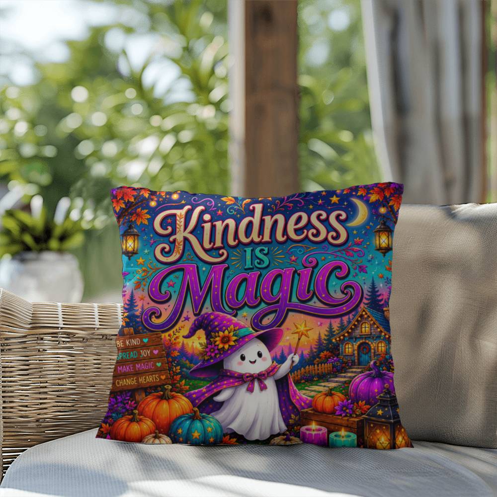 Kindness Is Magic quote with cheerful Halloween artwork on a positive decorative throw pillow