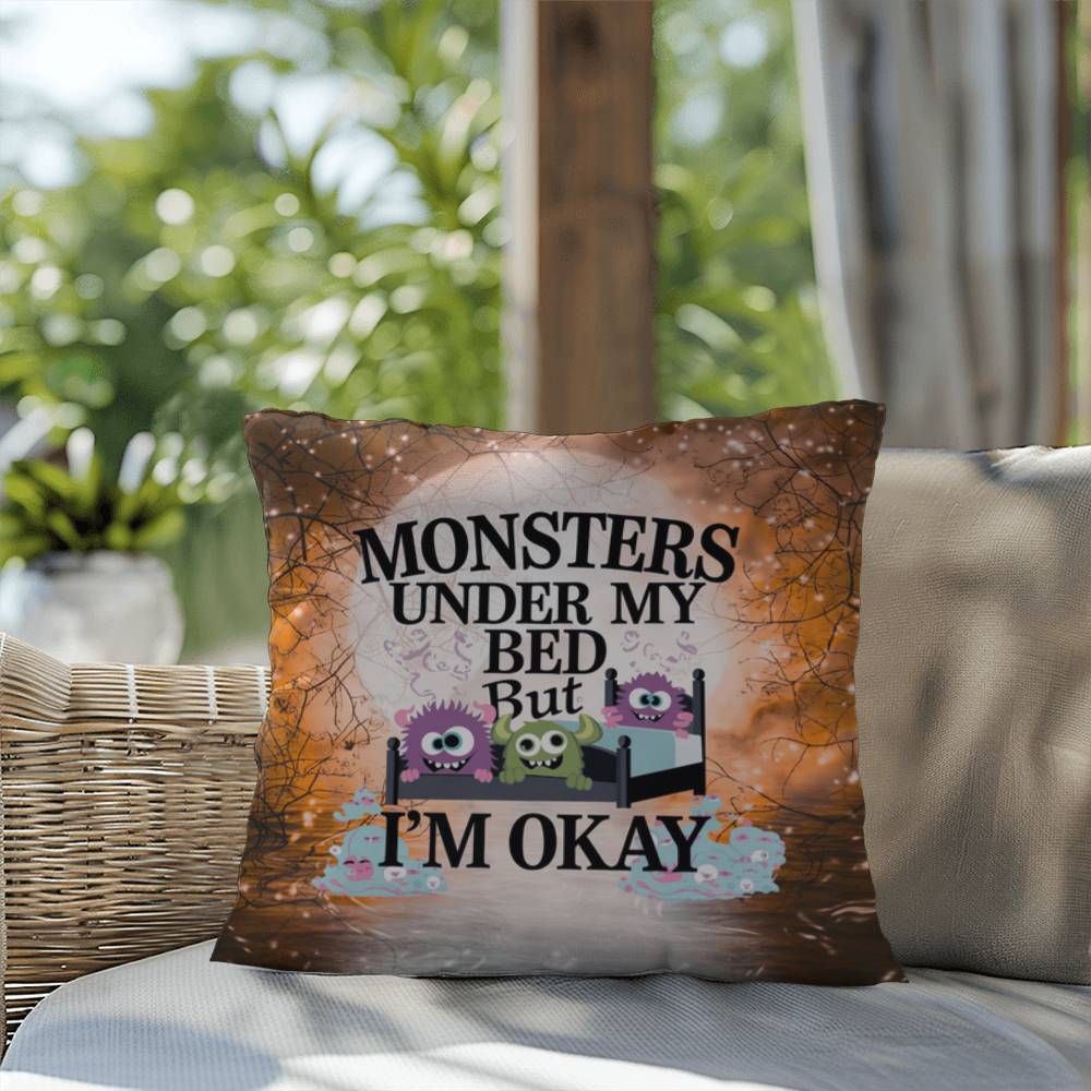 Halloween indoor/outdoor throw pillow with “Monsters Under My Bed” for seasonal fun