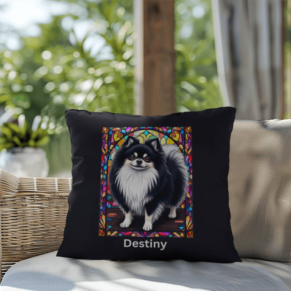 Pomeranian (Black and White) Indoor/Outdoor Pillow - Personalized Stained Glass Dog Tribute & Comfort Gift