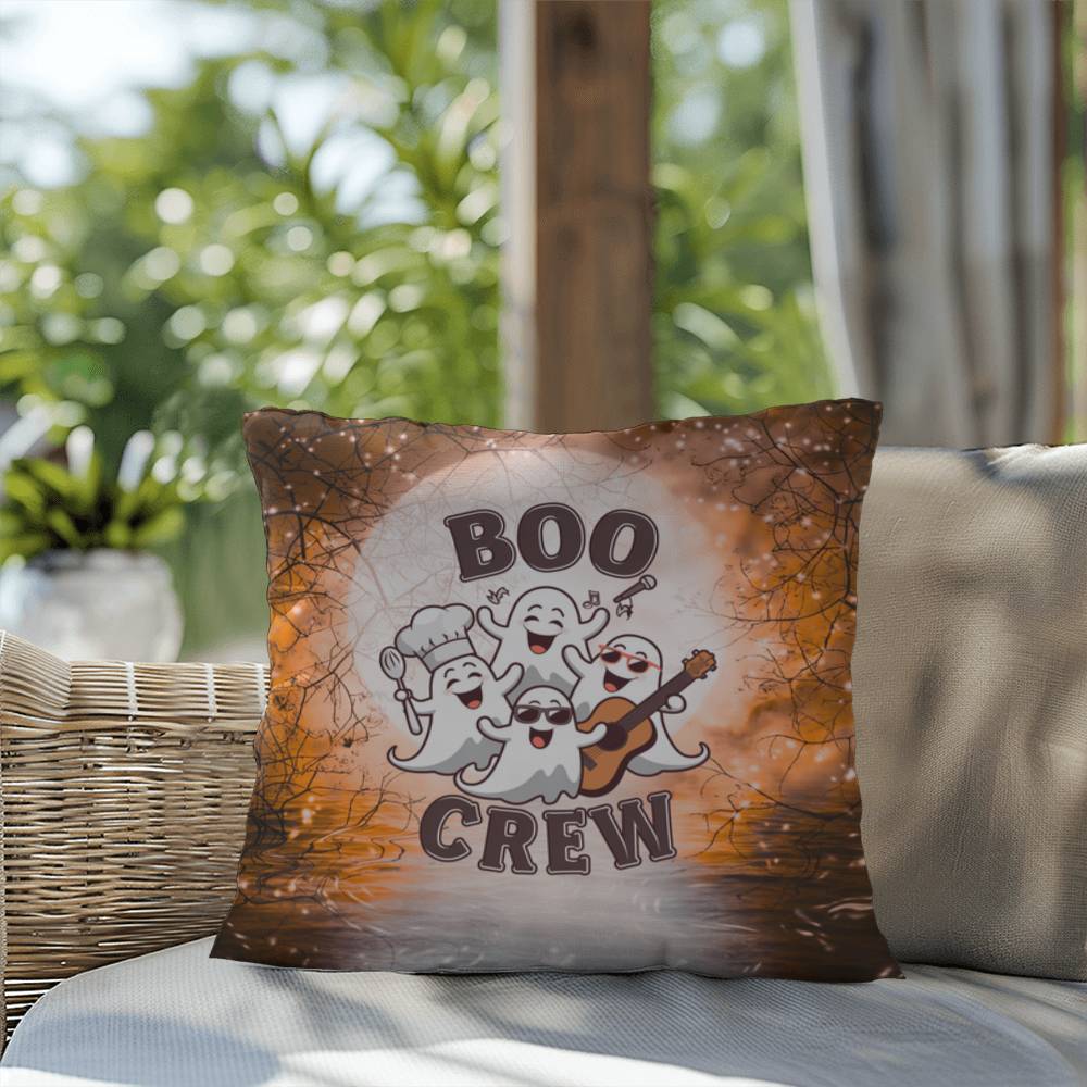Halloween-themed indoor/outdoor throw pillow with “Boo Crew,” perfect for spooky home décor