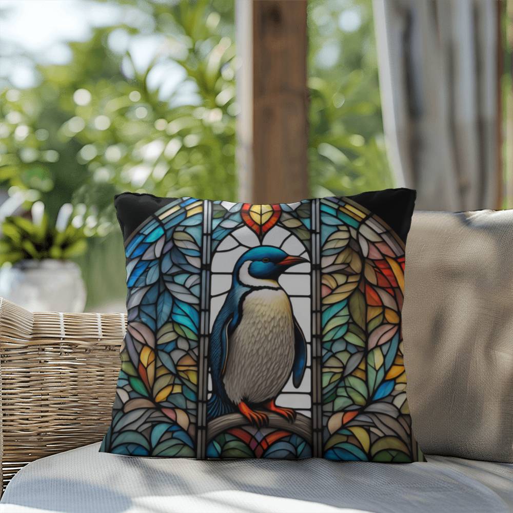 Penguin stained glass throw pillow, Arctic wildlife decor, indoor outdoor accent pillow