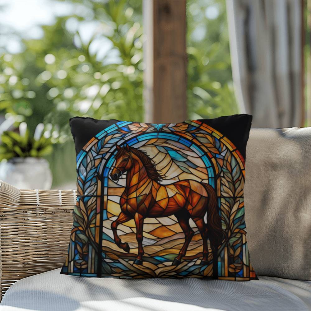Horse stained glass throw pillow, equestrian animal decor, indoor outdoor cozy home accent