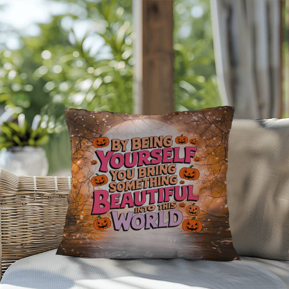 Inspirational indoor/outdoor throw pillow with “By Being Yourself” for mental health awareness