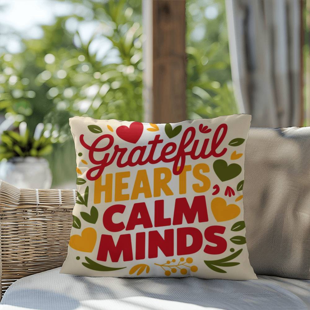 Grateful Hearts, Calm Minds pillow in bright fall tones with Thanksgiving gratitude and mindfulness quote