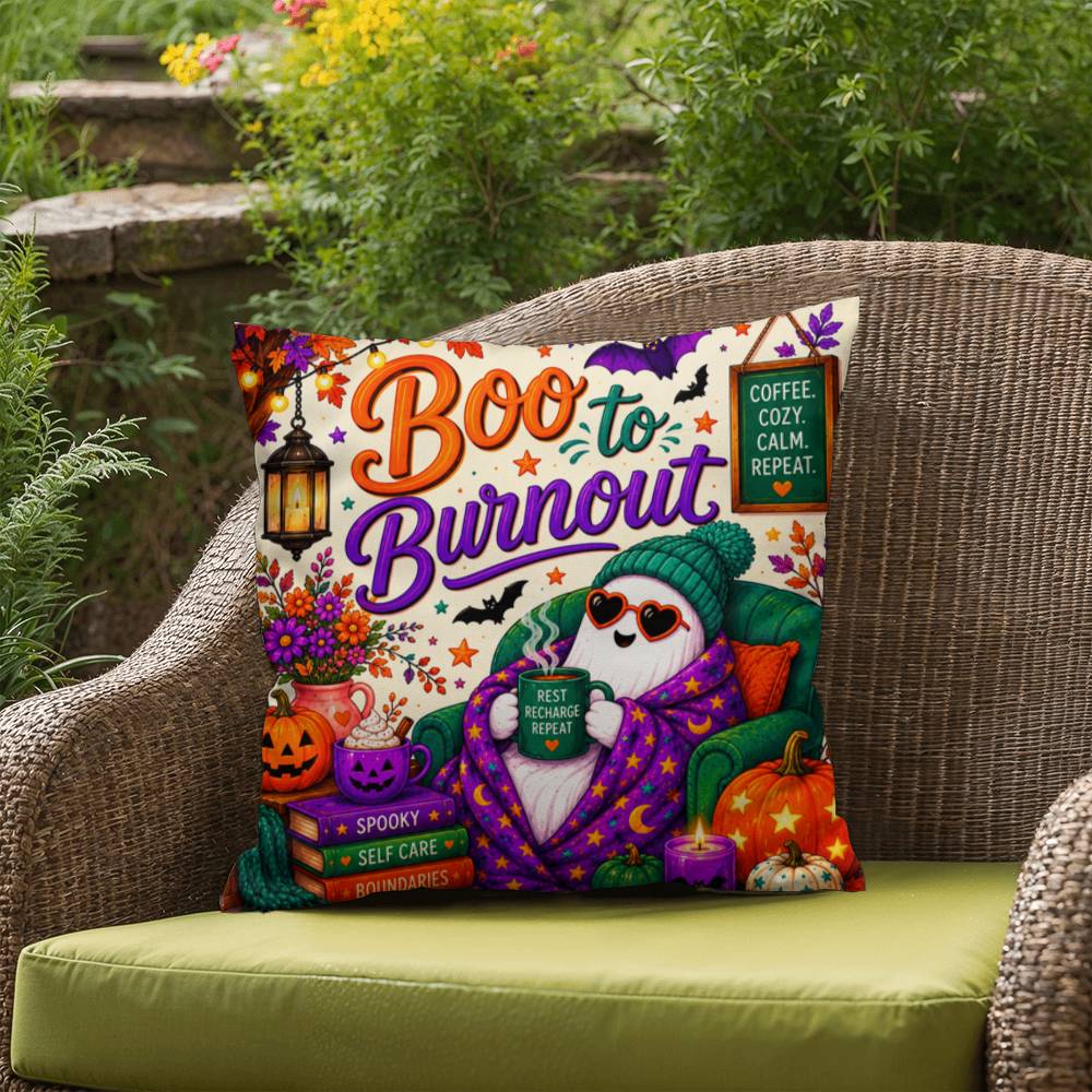 Boo To Burnout Halloween Throw Pillow - Coffee Cozy Calm Repeat Ghost Pillow