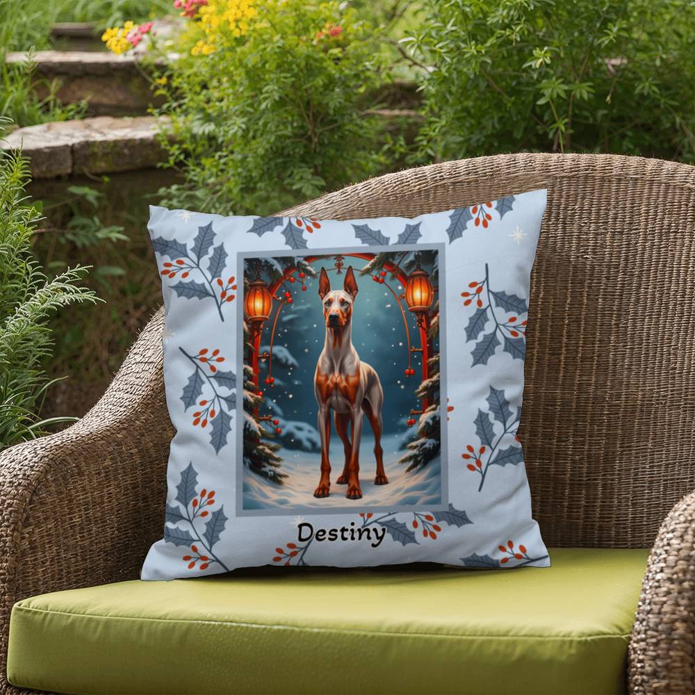 Doberman Fawn & Rust Pillow - Seasonal Doberman dog pillow, winter home accent, personalized holiday throw