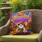 Harvesting Happiness quote with autumn harvest artwork on a Halloween throw pillow promoting gratitude
