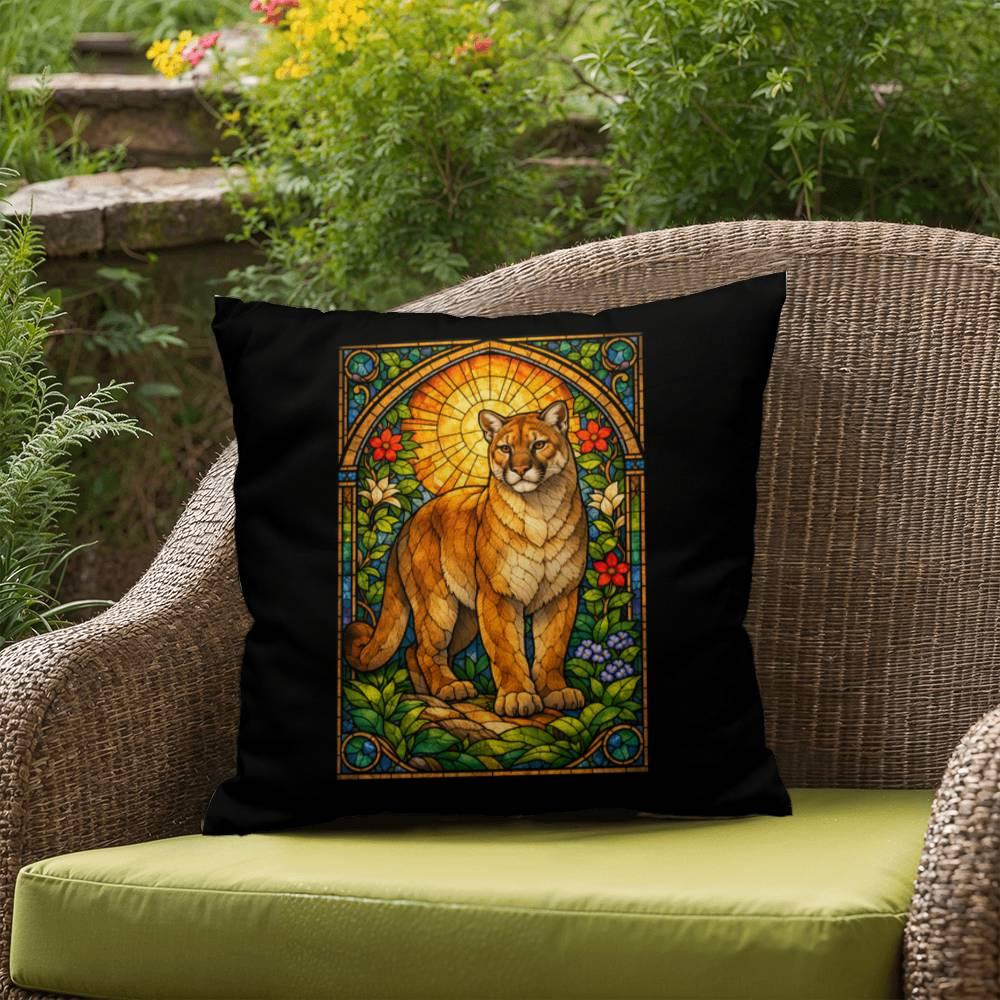 Shop our premium cougar mountain lion stained glass style throw pillow from MySisterIsASurvivor.