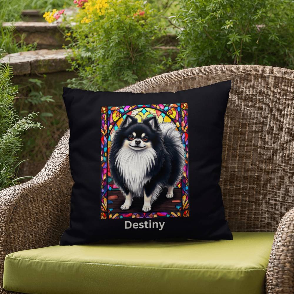 Pomeranian (Black and White) Indoor/Outdoor Pillow - Personalized Stained Glass Dog Tribute & Comfort Gift
