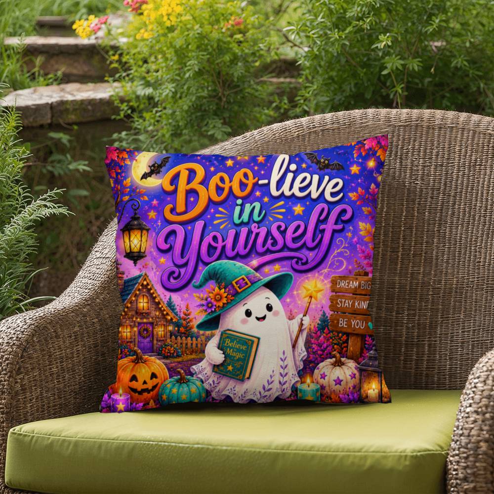Boo-lieve In Yourself message with friendly ghost illustration on an encouraging Halloween throw pillow