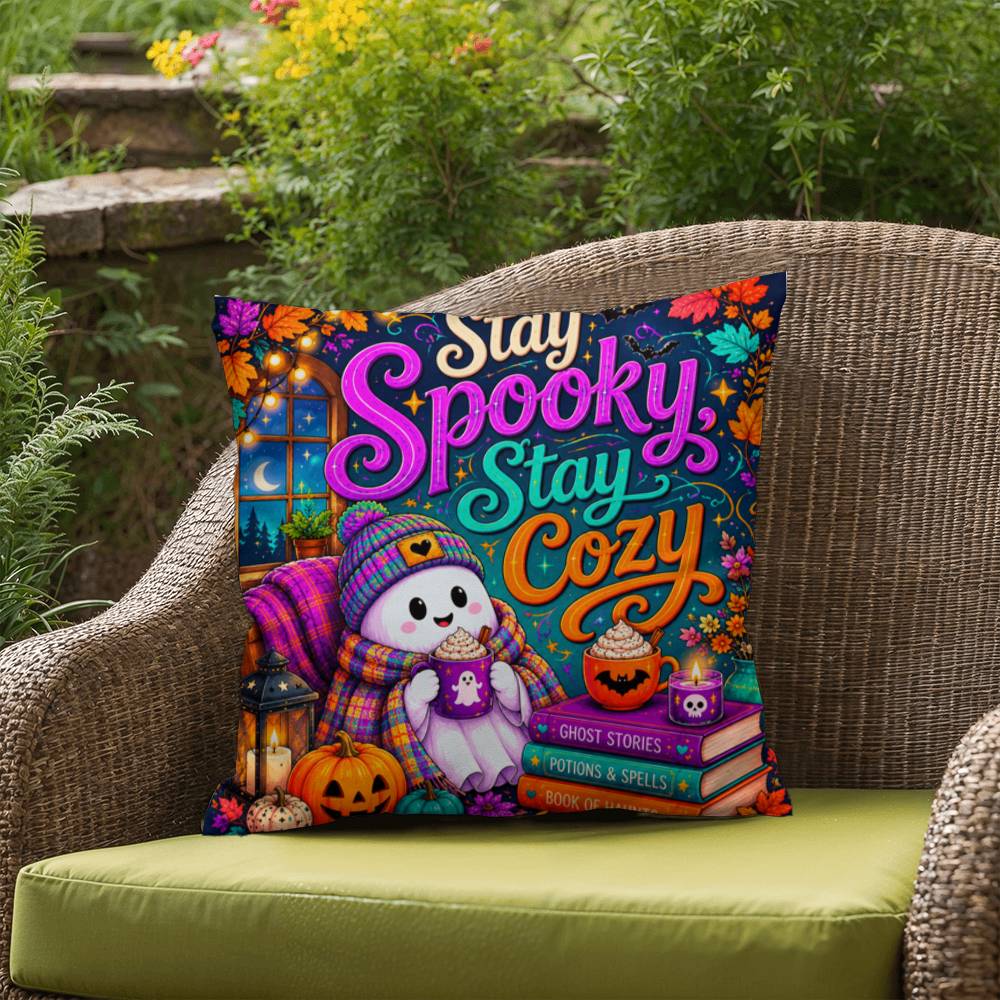 Stay Spooky Stay Cozy quote with ghosts and books on a Halloween throw pillow