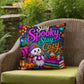 Stay Spooky Stay Cozy quote with ghosts and books on a Halloween throw pillow
