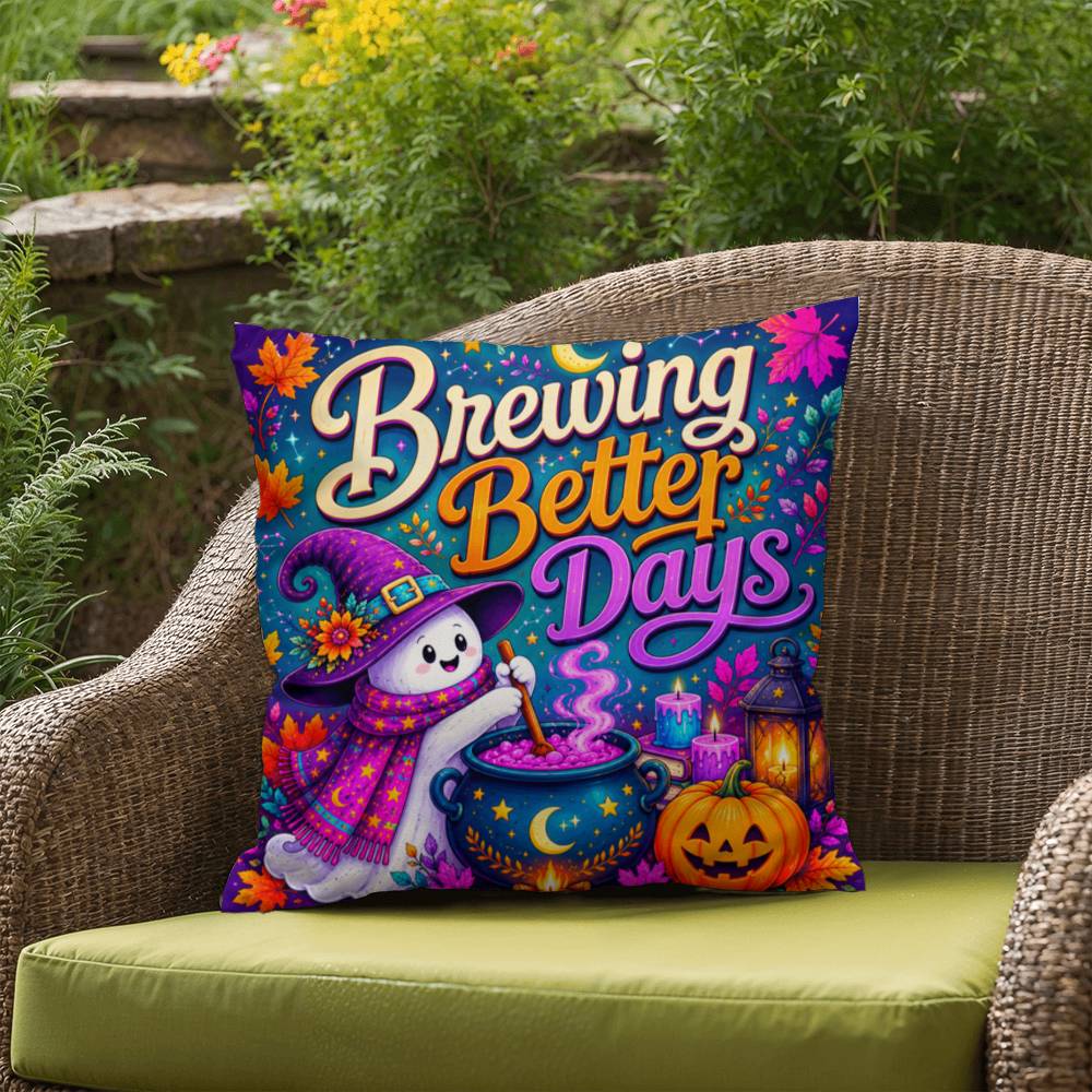 Brewing Better Days Halloween Throw Pillow - Witch Ghost Cauldron Healing Gift