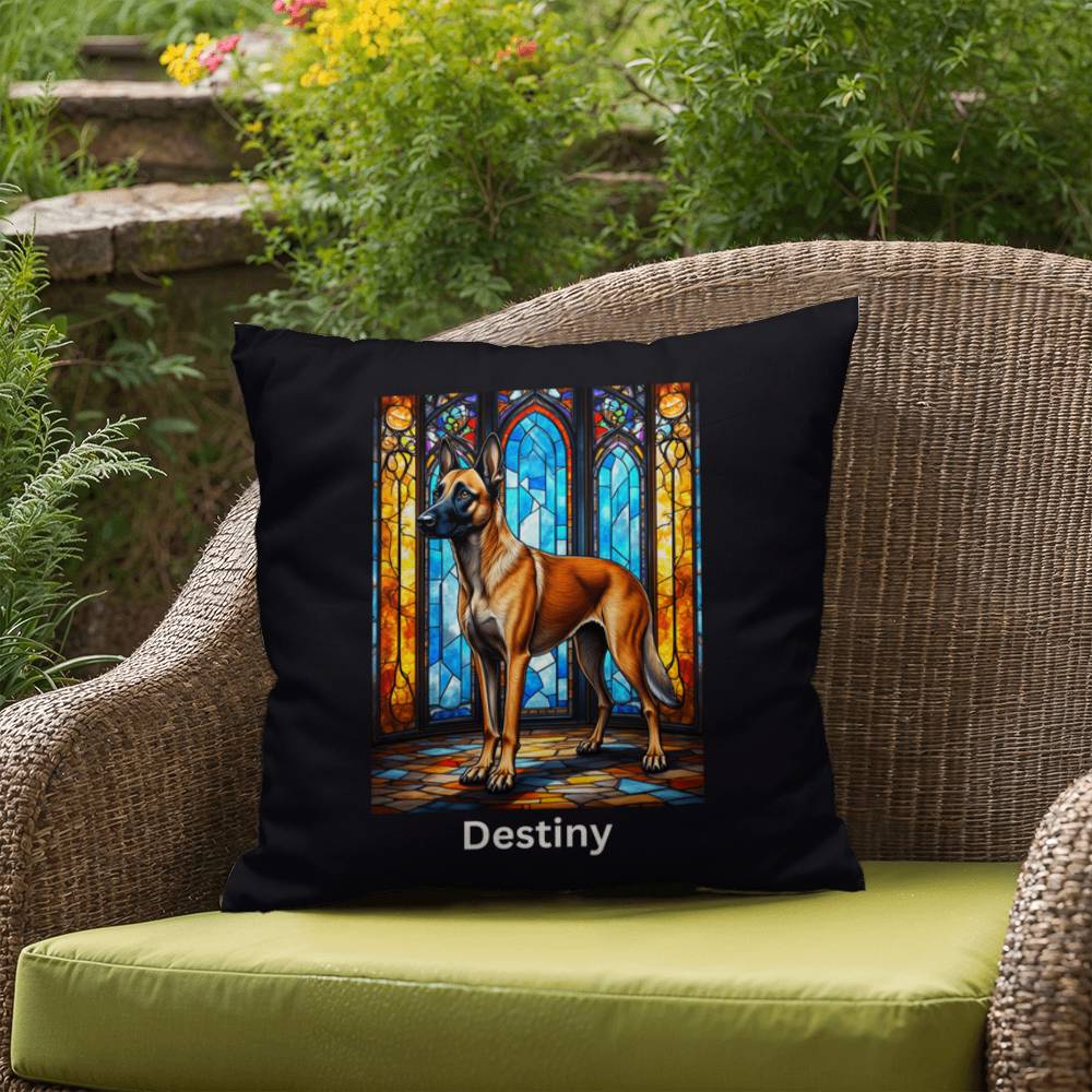 Belgian Malinois (Mahogany) Indoor/Outdoor Pillow - Personalized Stained Glass Dog Tribute & Comfort Gift