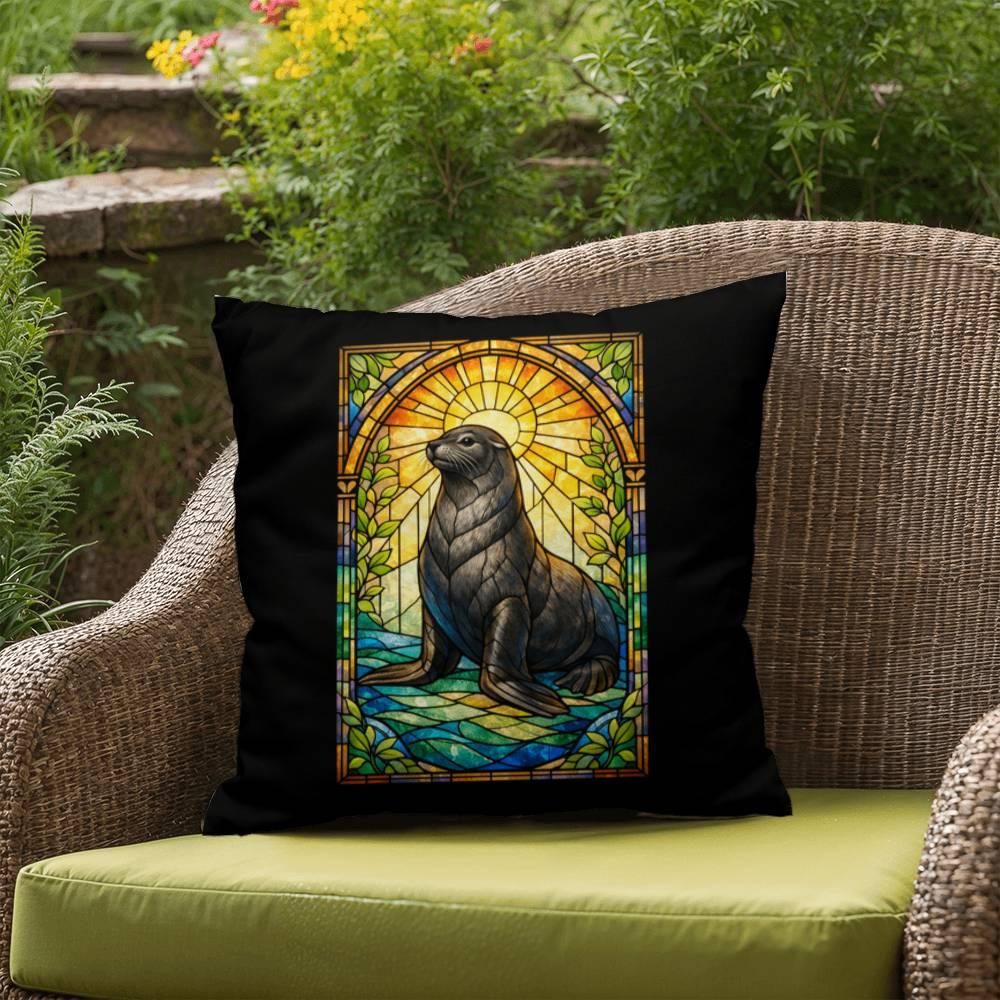 Shop our premium sea lion stained glass style throw pillow from MySisterIsASurvivor.