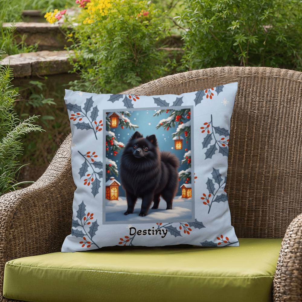 Pomeranian Black Pillow - Fluffy Pom pillow, indoor/outdoor winter dog throw, seasonal accent